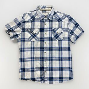 Ditch Plains Mens 2XL Western Pearl Snap Shirt Blue Plaid Cowboy Rodeo Casual